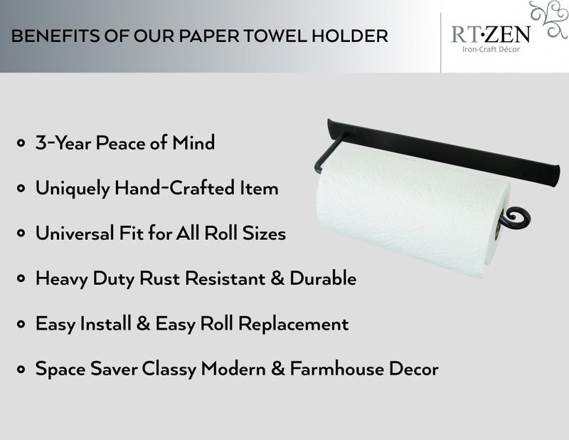 RTZEN Horizontal Black Paper Towel Holder - Handcrafted Rustic Metal Decorative Wrought Iron Decor - Farmhouse Wall Mount Paper Towel Holder for Kitchen or Bathroom - Image 2